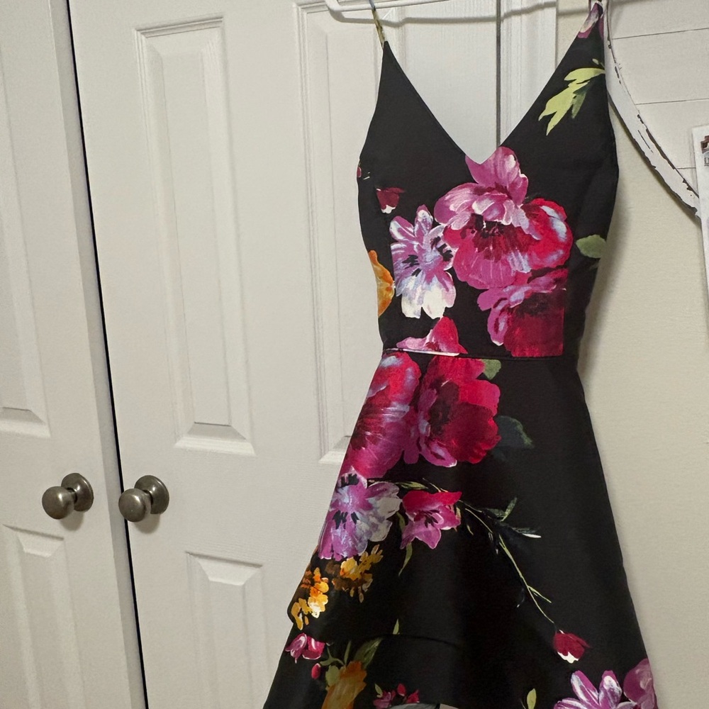 BCX Black Dress with Pink and Red Floral Design